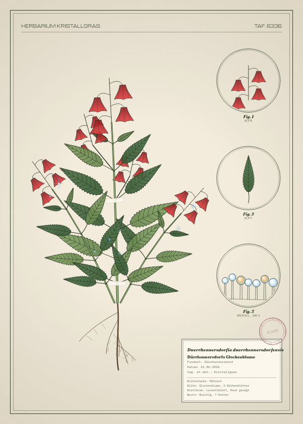 Botanische Tafel: Duerrhennersdorfia duerrhennersdorfensis, eine erfundene Pflanze aus Dürrhennersdorf, gezeichnet wie in einem alten Pflanzenatlas