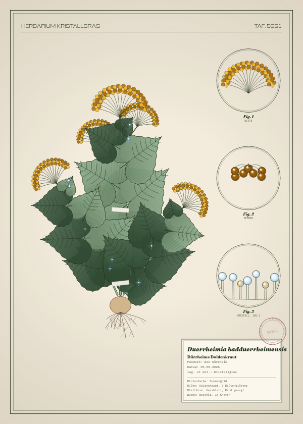Botanische Tafel: Duerrheimia badduerrheimensis, eine erfundene Pflanze aus Bad Dürrheim, gezeichnet wie in einem alten Pflanzenatlas