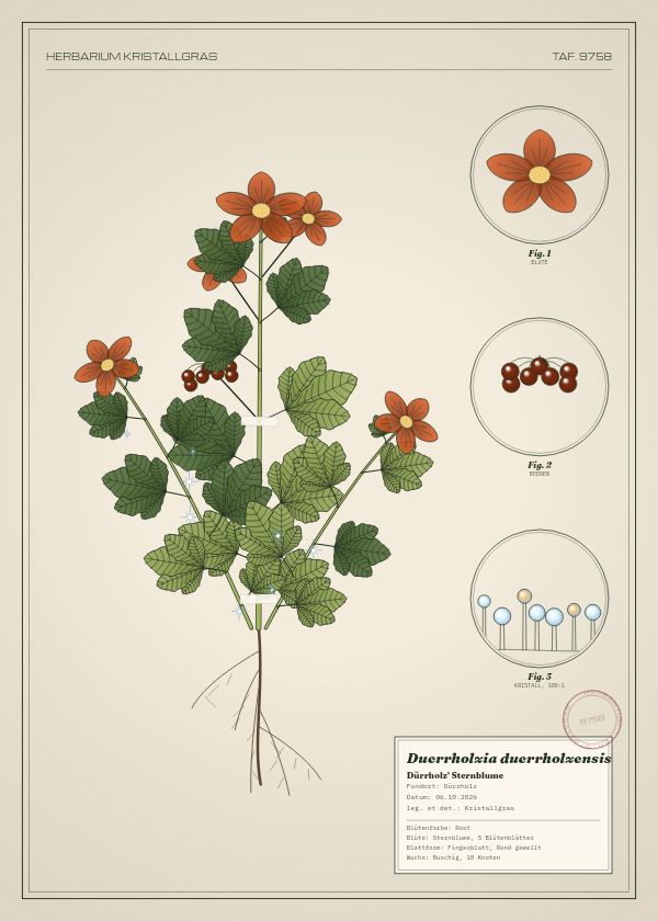 Botanische Tafel: Duerrholzia duerrholzensis, eine erfundene Pflanze aus Dürrholz, gezeichnet wie in einem alten Pflanzenatlas
