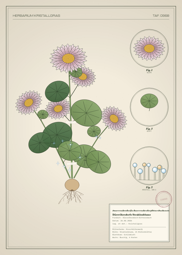 Botanische Tafel: Duerrroehrsdorfia duerrroehrsdorfdittersbachensis, eine erfundene Pflanze aus Dürrröhrsdorf-Dittersbach, gezeichnet wie in einem alten Pflanzenatlas