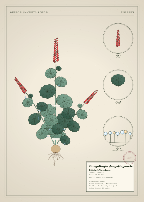 Botanische Tafel: Daegelingia daegelingensis, eine erfundene Pflanze aus Dägeling, gezeichnet wie in einem alten Pflanzenatlas