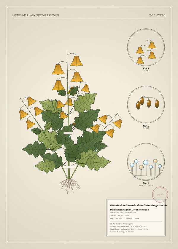 Botanische Tafel: Daenischenhagenia daenischenhagenensis, eine erfundene Pflanze aus Dänischenhagen, gezeichnet wie in einem alten Pflanzenatlas