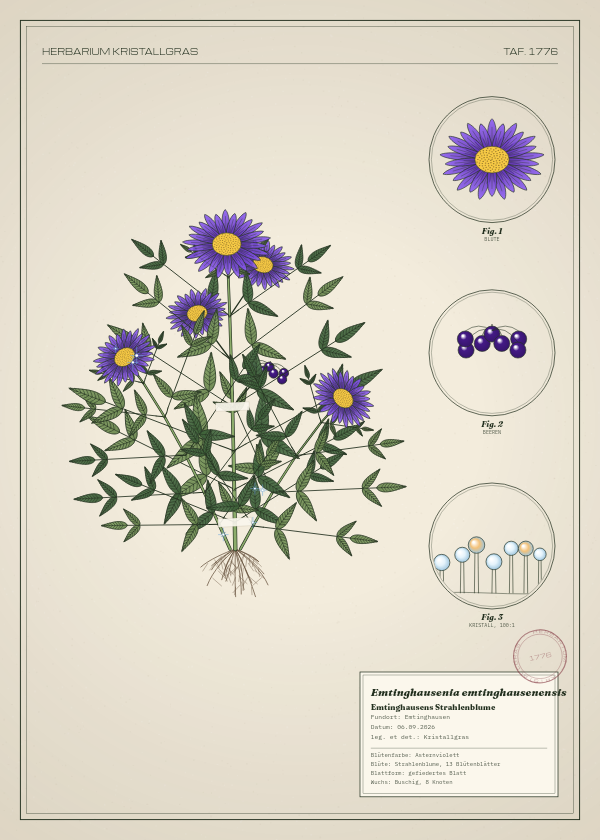 Botanische Tafel: Emtinghausenia emtinghausenensis, eine erfundene Pflanze aus Emtinghausen, gezeichnet wie in einem alten Pflanzenatlas