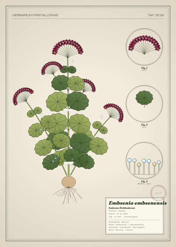 Botanische Tafel: Embsenia embsenensis, eine erfundene Pflanze aus Embsen, gezeichnet wie in einem alten Pflanzenatlas