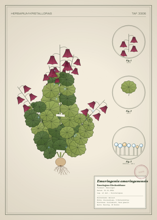 Botanische Tafel: Emeringenia emeringenensis, eine erfundene Pflanze aus Emeringen, gezeichnet wie in einem alten Pflanzenatlas