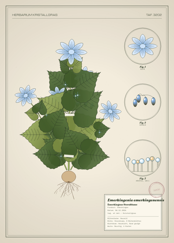 Botanische Tafel: Emerkingenia emerkingenensis, eine erfundene Pflanze aus Emerkingen, gezeichnet wie in einem alten Pflanzenatlas