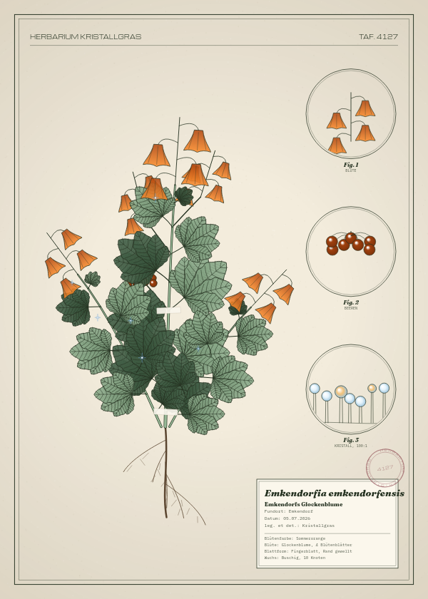 Botanische Tafel: Emkendorfia emkendorfensis, eine erfundene Pflanze aus Emkendorf, gezeichnet wie in einem alten Pflanzenatlas