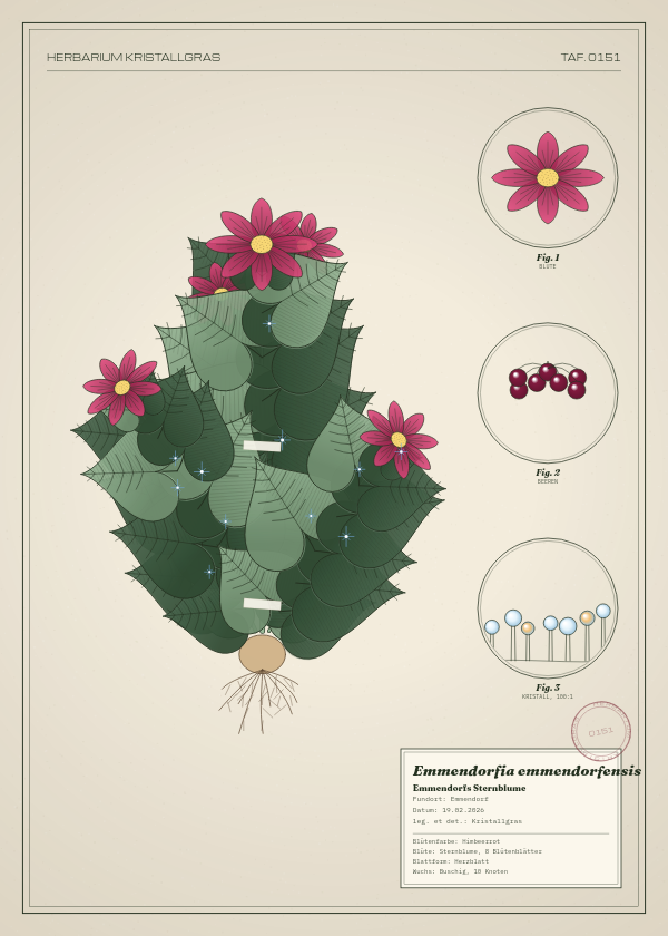 Botanische Tafel: Emmendorfia emmendorfensis, eine erfundene Pflanze aus Emmendorf, gezeichnet wie in einem alten Pflanzenatlas
