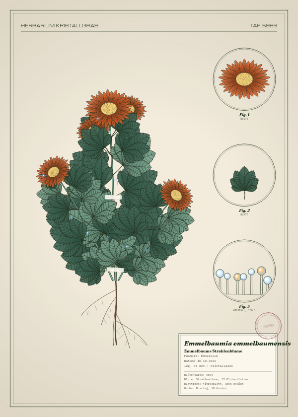 Botanische Tafel: Emmelbaumia emmelbaumensis, eine erfundene Pflanze aus Emmelbaum, gezeichnet wie in einem alten Pflanzenatlas