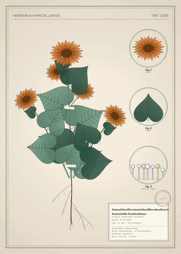 Botanische Tafel: Emmelsbuellia emmelsbuellhorsbuellensis, eine erfundene Pflanze aus Emmelsbüll-Horsbüll, gezeichnet wie in einem alten Pflanzenatlas