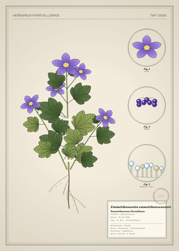 Botanische Tafel: Emmelshausenia emmelshausenensis, eine erfundene Pflanze aus Emmelshausen, gezeichnet wie in einem alten Pflanzenatlas