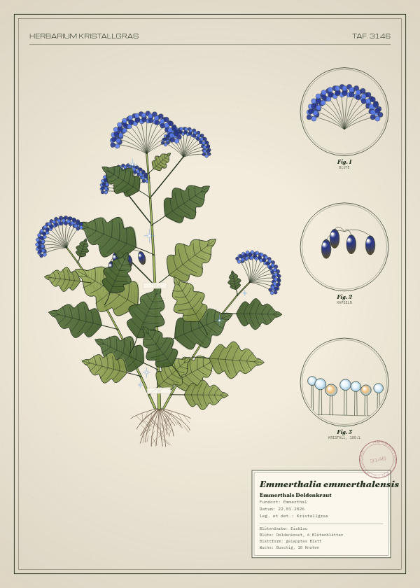 Botanische Tafel: Emmerthalia emmerthalensis, eine erfundene Pflanze aus Emmerthal, gezeichnet wie in einem alten Pflanzenatlas
