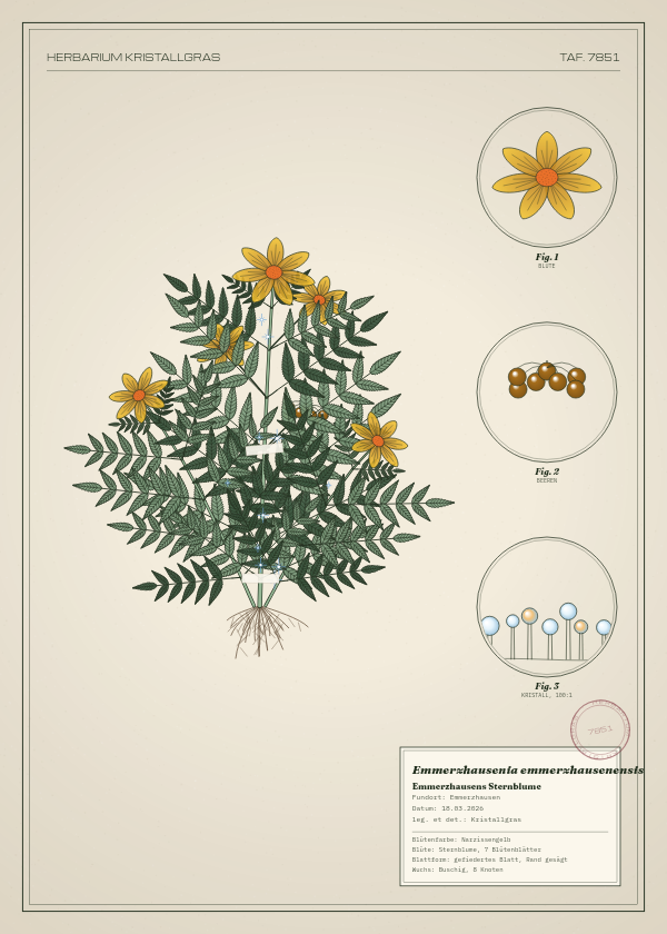 Botanische Tafel: Emmerzhausenia emmerzhausenensis, eine erfundene Pflanze aus Emmerzhausen, gezeichnet wie in einem alten Pflanzenatlas
