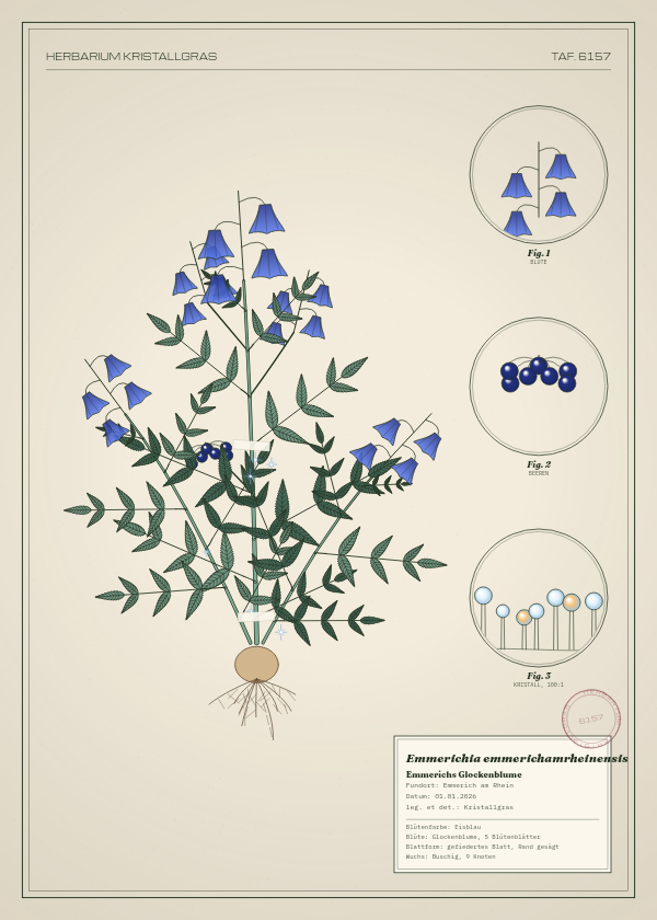 Botanische Tafel: Emmerichia emmerichamrheinensis, eine erfundene Pflanze aus Emmerich am Rhein, gezeichnet wie in einem alten Pflanzenatlas