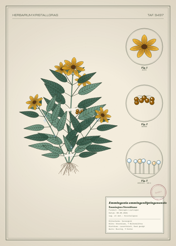 Botanische Tafel: Emmingenia emmingenliptingenensis, eine erfundene Pflanze aus Emmingen-Liptingen, gezeichnet wie in einem alten Pflanzenatlas