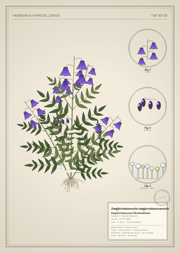 Botanische Tafel: Empfertshausenia empfertshausenensis, eine erfundene Pflanze aus Empfertshausen, gezeichnet wie in einem alten Pflanzenatlas
