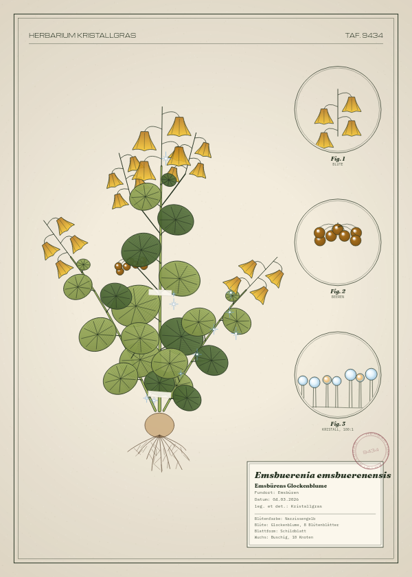 Botanische Tafel: Emsbuerenia emsbuerenensis, eine erfundene Pflanze aus Emsbüren, gezeichnet wie in einem alten Pflanzenatlas