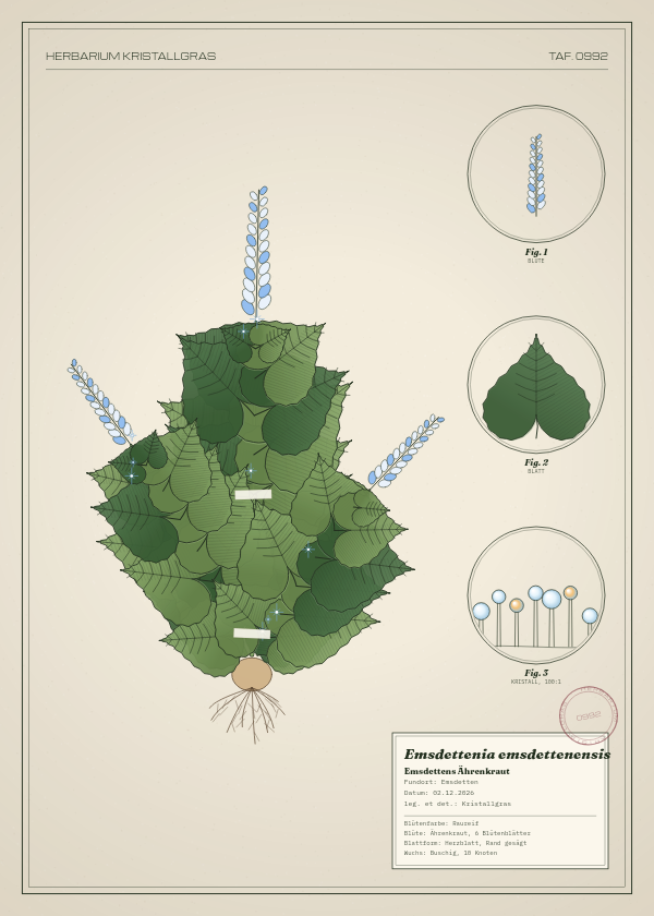 Botanische Tafel: Emsdettenia emsdettenensis, eine erfundene Pflanze aus Emsdetten, gezeichnet wie in einem alten Pflanzenatlas