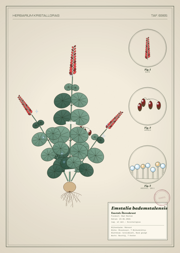 Botanische Tafel: Emstalia bademstalensis, eine erfundene Pflanze aus Bad Emstal, gezeichnet wie in einem alten Pflanzenatlas