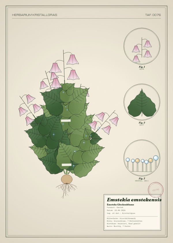 Botanische Tafel: Emstekia emstekensis, eine erfundene Pflanze aus Emstek, gezeichnet wie in einem alten Pflanzenatlas