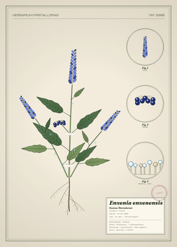 Botanische Tafel: Enzenia enzenensis, eine erfundene Pflanze aus Enzen, gezeichnet wie in einem alten Pflanzenatlas
