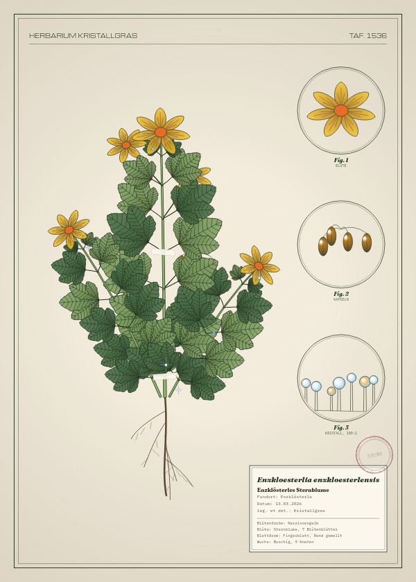 Botanische Tafel: Enzkloesterlia enzkloesterlensis, eine erfundene Pflanze aus Enzklösterle, gezeichnet wie in einem alten Pflanzenatlas