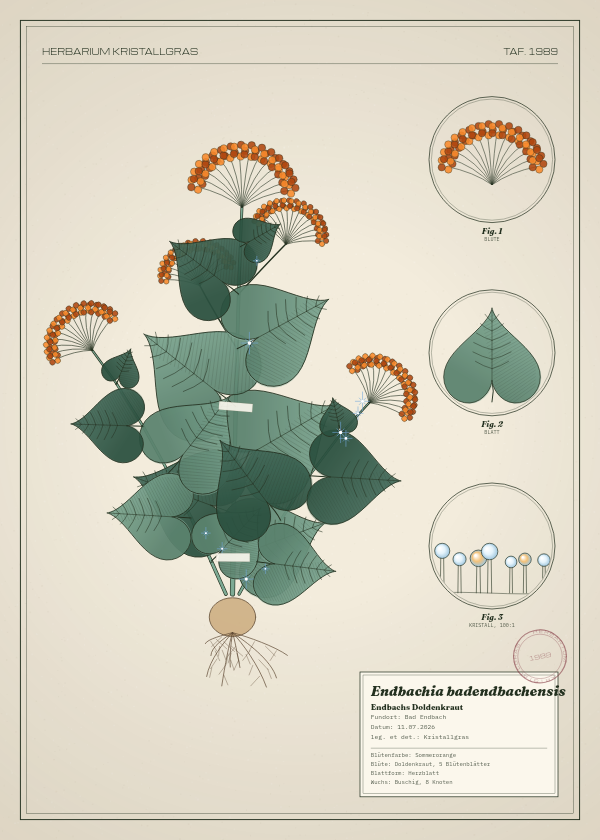 Botanische Tafel: Endbachia badendbachensis, eine erfundene Pflanze aus Bad Endbach, gezeichnet wie in einem alten Pflanzenatlas