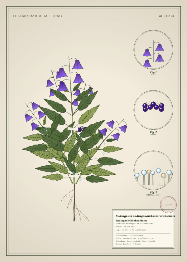 Botanische Tafel: Endingenia endingenamkaiserstuhlensis, eine erfundene Pflanze aus Endingen am Kaiserstuhl, gezeichnet wie in einem alten Pflanzenatlas