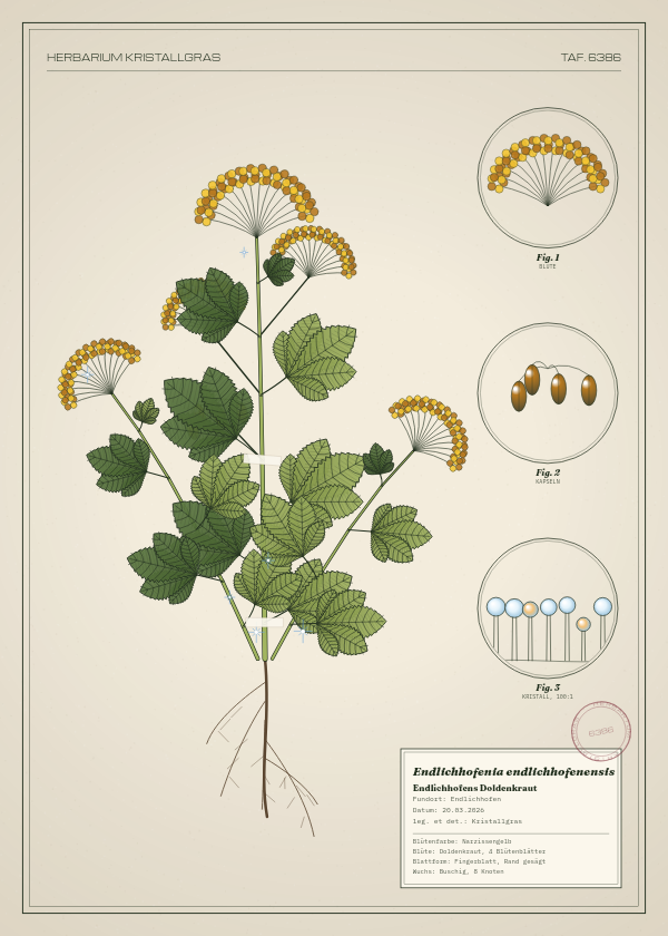 Botanische Tafel: Endlichhofenia endlichhofenensis, eine erfundene Pflanze aus Endlichhofen, gezeichnet wie in einem alten Pflanzenatlas