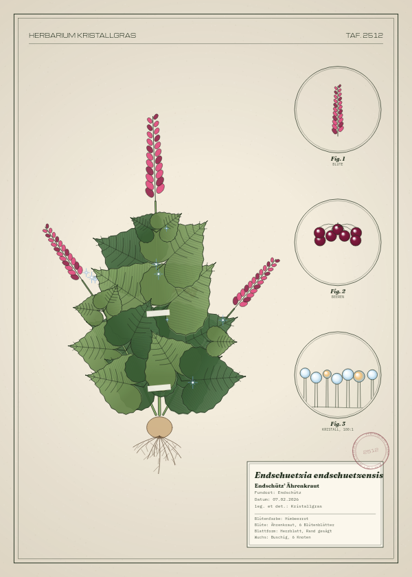Botanische Tafel: Endschuetzia endschuetzensis, eine erfundene Pflanze aus Endschütz, gezeichnet wie in einem alten Pflanzenatlas