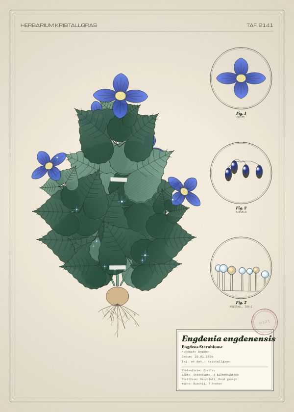 Botanische Tafel: Engdenia engdenensis, eine erfundene Pflanze aus Engden, gezeichnet wie in einem alten Pflanzenatlas