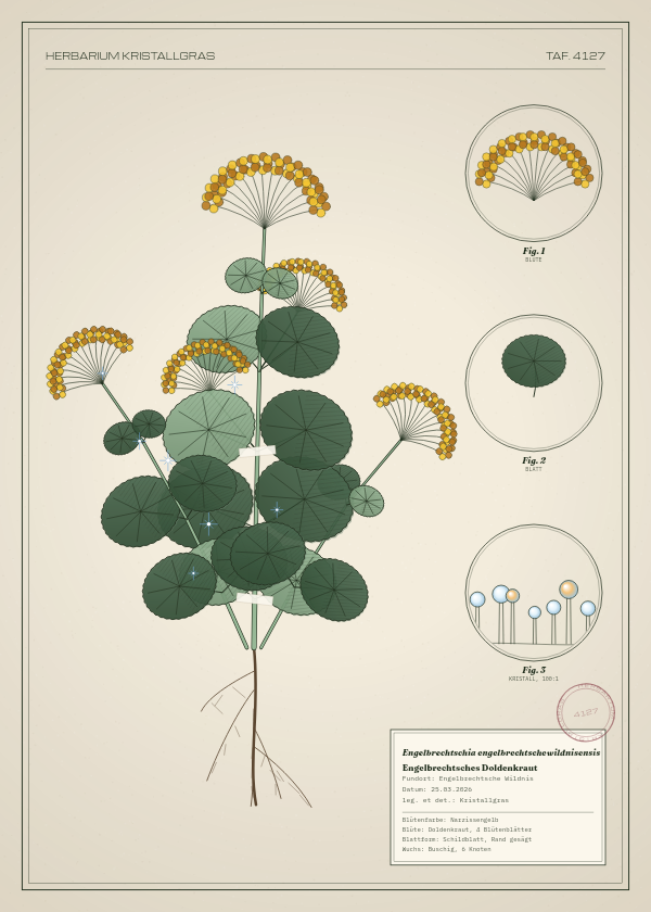 Botanische Tafel: Engelbrechtschia engelbrechtschewildnisensis, eine erfundene Pflanze aus Engelbrechtsche Wildnis, gezeichnet wie in einem alten Pflanzenatlas