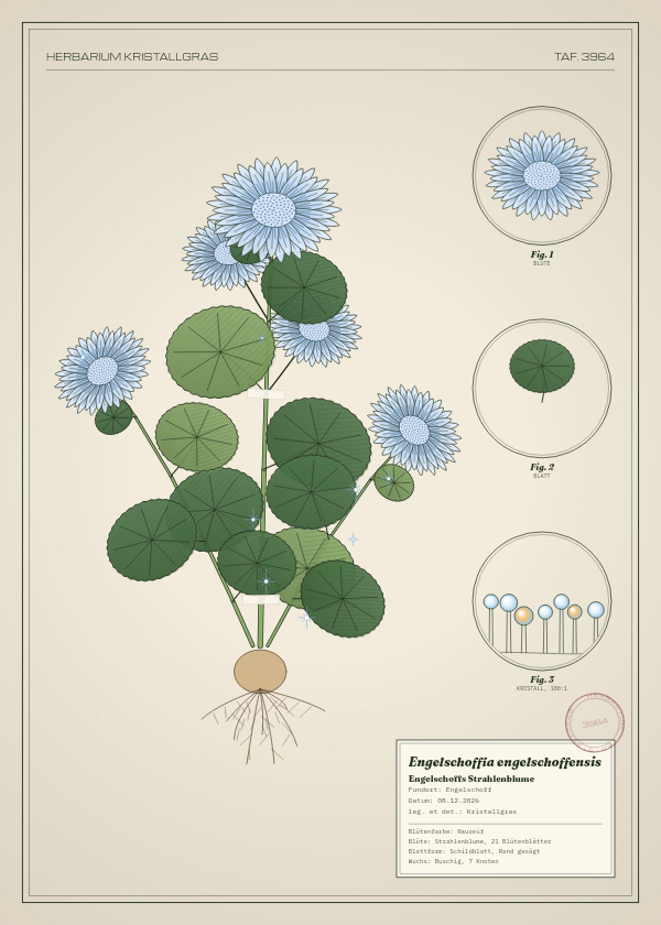 Botanische Tafel: Engelschoffia engelschoffensis, eine erfundene Pflanze aus Engelschoff, gezeichnet wie in einem alten Pflanzenatlas