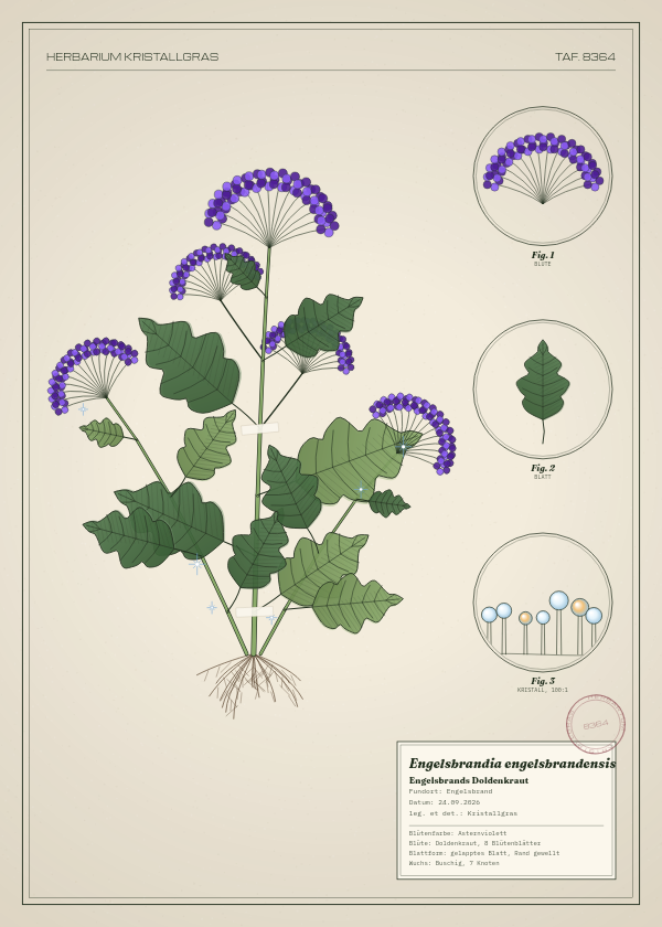 Botanische Tafel: Engelsbrandia engelsbrandensis, eine erfundene Pflanze aus Engelsbrand, gezeichnet wie in einem alten Pflanzenatlas