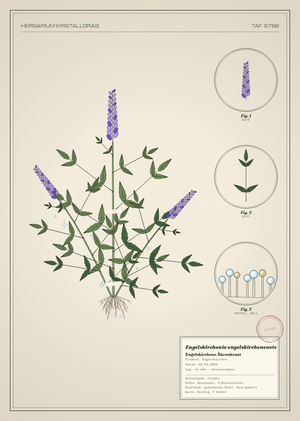 Botanische Tafel: Engelskirchenia engelskirchenensis, eine erfundene Pflanze aus Engelskirchen, gezeichnet wie in einem alten Pflanzenatlas