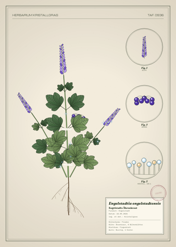 Botanische Tafel: Engelstadtia engelstadtensis, eine erfundene Pflanze aus Engelstadt, gezeichnet wie in einem alten Pflanzenatlas