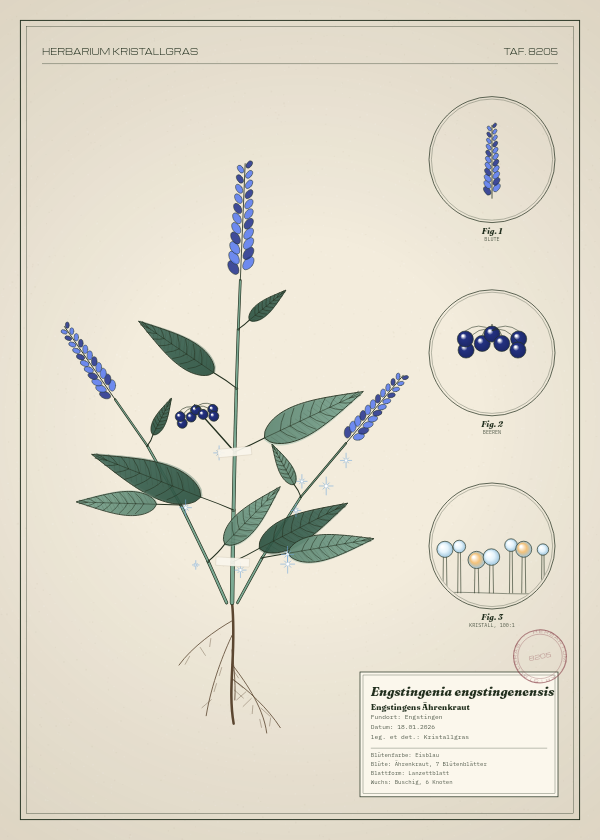 Botanische Tafel: Engstingenia engstingenensis, eine erfundene Pflanze aus Engstingen, gezeichnet wie in einem alten Pflanzenatlas