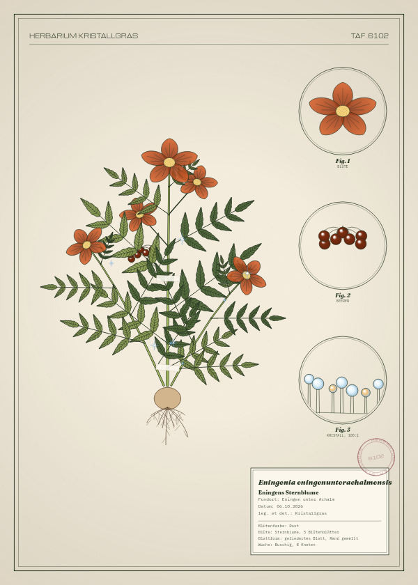 Botanische Tafel: Eningenia eningenunterachalmensis, eine erfundene Pflanze aus Eningen unter Achalm, gezeichnet wie in einem alten Pflanzenatlas