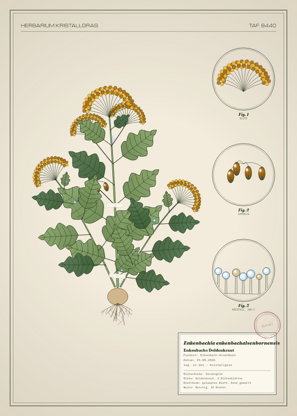 Botanische Tafel: Enkenbachia enkenbachalsenbornensis, eine erfundene Pflanze aus Enkenbach-Alsenborn, gezeichnet wie in einem alten Pflanzenatlas