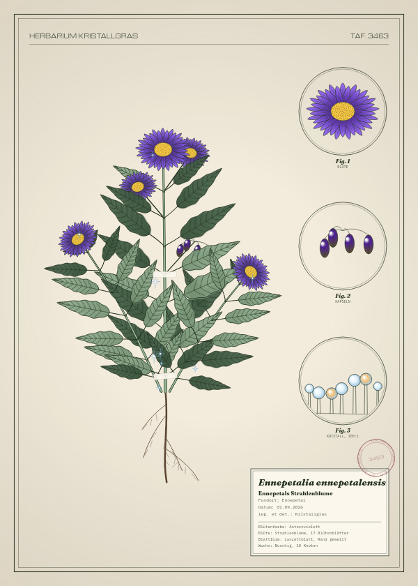 Botanische Tafel: Ennepetalia ennepetalensis, eine erfundene Pflanze aus Ennepetal, gezeichnet wie in einem alten Pflanzenatlas