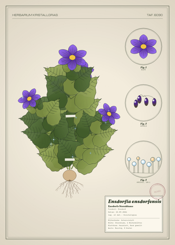 Botanische Tafel: Ensdorfia ensdorfensis, eine erfundene Pflanze aus Ensdorf, gezeichnet wie in einem alten Pflanzenatlas