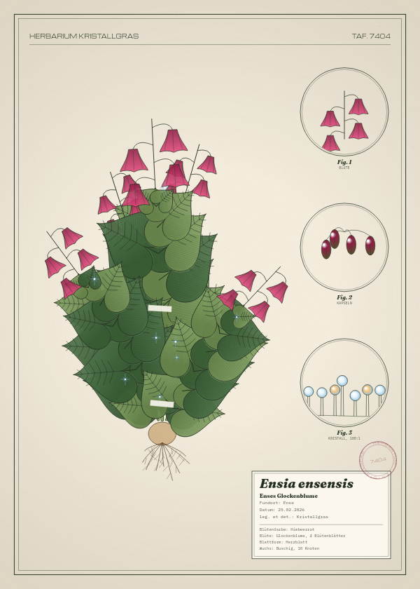 Botanische Tafel: Ensia ensensis, eine erfundene Pflanze aus Ense, gezeichnet wie in einem alten Pflanzenatlas