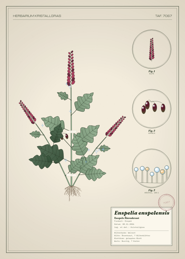 Botanische Tafel: Enspelia enspelensis, eine erfundene Pflanze aus Enspel, gezeichnet wie in einem alten Pflanzenatlas