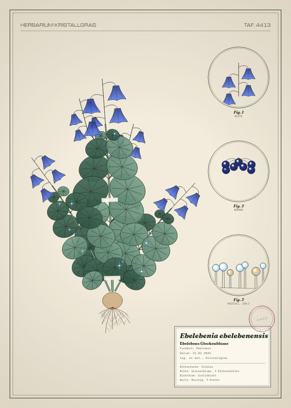 Botanische Tafel: Ebelebenia ebelebenensis, eine erfundene Pflanze aus Ebeleben, gezeichnet wie in einem alten Pflanzenatlas