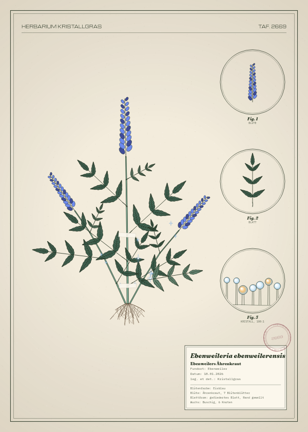 Botanische Tafel: Ebenweileria ebenweilerensis, eine erfundene Pflanze aus Ebenweiler, gezeichnet wie in einem alten Pflanzenatlas
