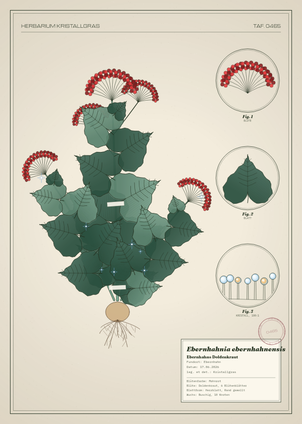 Botanische Tafel: Ebernhahnia ebernhahnensis, eine erfundene Pflanze aus Ebernhahn, gezeichnet wie in einem alten Pflanzenatlas