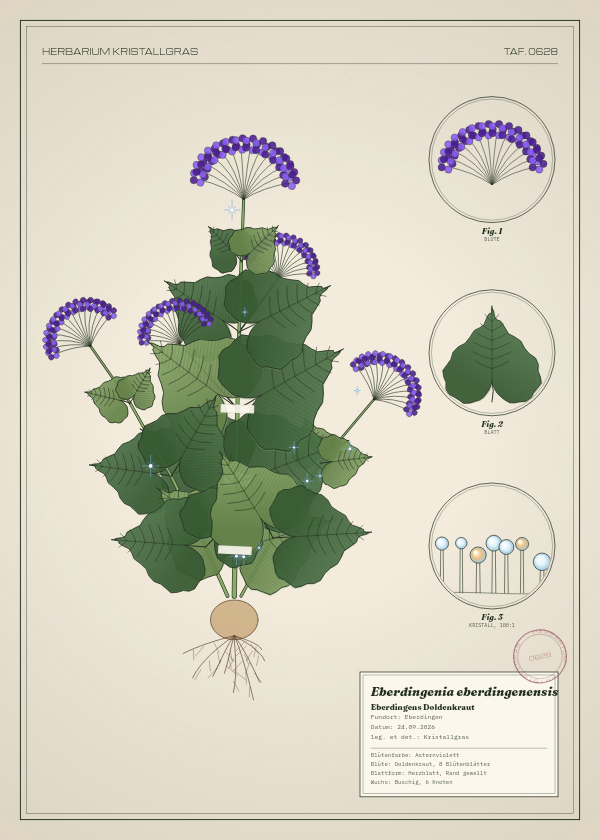 Botanische Tafel: Eberdingenia eberdingenensis, eine erfundene Pflanze aus Eberdingen, gezeichnet wie in einem alten Pflanzenatlas