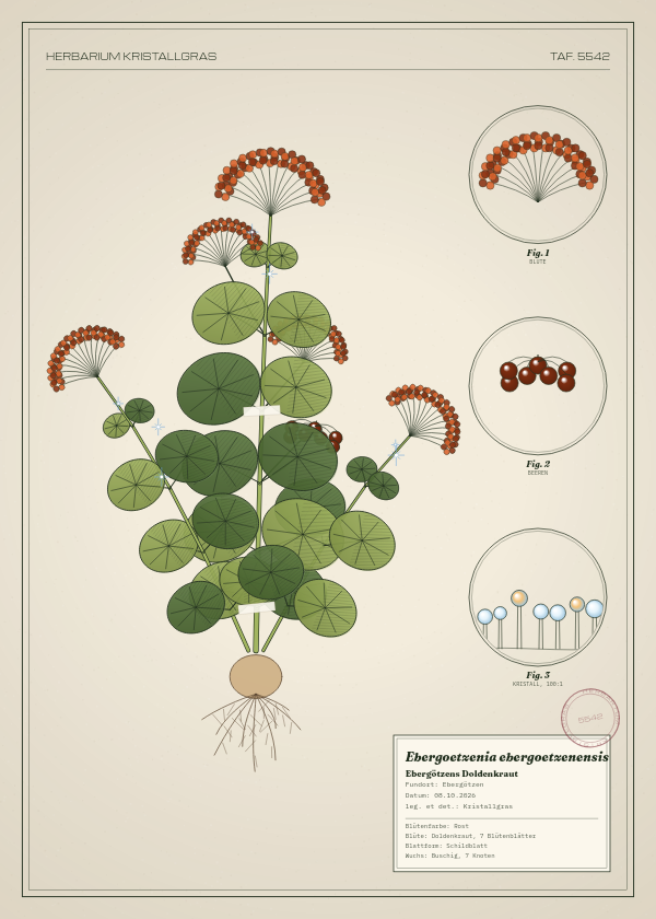 Botanische Tafel: Ebergoetzenia ebergoetzenensis, eine erfundene Pflanze aus Ebergötzen, gezeichnet wie in einem alten Pflanzenatlas