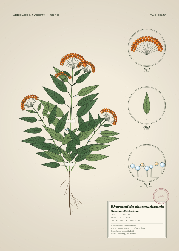 Botanische Tafel: Eberstadtia eberstadtensis, eine erfundene Pflanze aus Eberstadt, gezeichnet wie in einem alten Pflanzenatlas