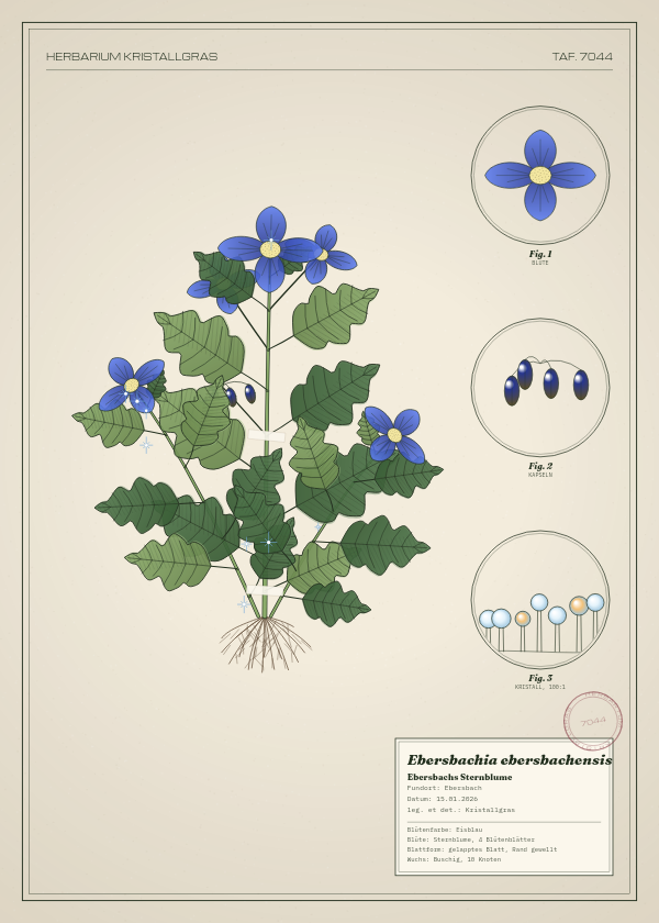 Botanische Tafel: Ebersbachia ebersbachensis, eine erfundene Pflanze aus Ebersbach, gezeichnet wie in einem alten Pflanzenatlas